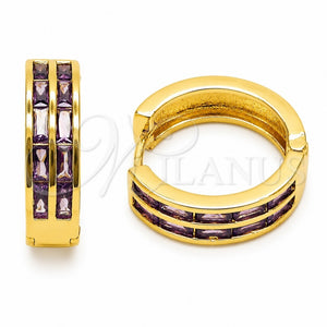 Oro Laminado Huggie Hoop, Gold Filled Style Baguette Design, with Amethyst Cubic Zirconia, Polished, Golden Finish, 02.267.0094.4.20