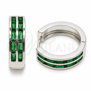 Rhodium Gold Filled Huggie Hoop, Baguette Design, with Green Cubic Zirconia, Polished, Rhodium Finish, 02.267.0094.8.20