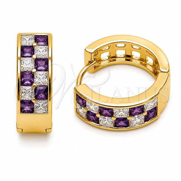 Oro Laminado Huggie Hoop, Gold Filled Style with Amethyst and White Cubic Zirconia, Polished, Golden Finish, 02.267.0095.4.18