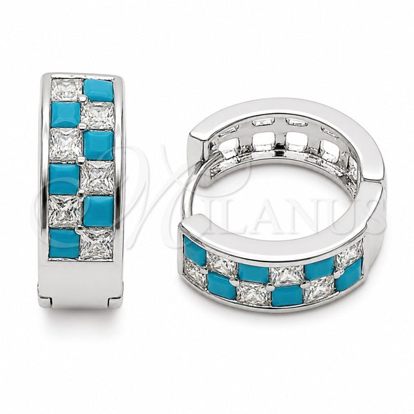 Rhodium Gold Filled Huggie Hoop, with Turquoise and White Cubic Zirconia, Polished, Rhodium Finish, 02.267.0095.9.18