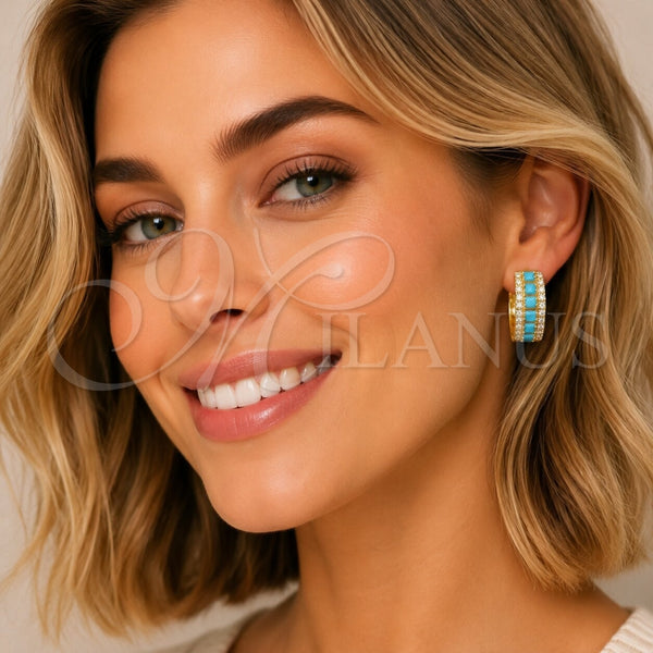 Oro Laminado Huggie Hoop, Gold Filled Style Cluster Design, with Turquoise and White Cubic Zirconia, Polished, Golden Finish, 02.267.0096.3.25