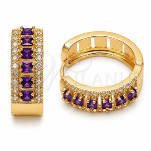 Oro Laminado Huggie Hoop, Gold Filled Style Cluster Design, with Amethyst and White Cubic Zirconia, Polished, Golden Finish, 02.267.0096.4.25