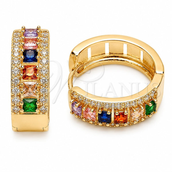 Oro Laminado Huggie Hoop, Gold Filled Style Cluster Design, with Multicolor and White Cubic Zirconia, Polished, Golden Finish, 02.267.0096.5.25