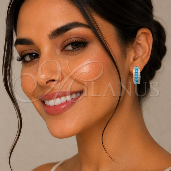 Rhodium Gold Filled Huggie Hoop, Cluster Design, with Turquoise and White Cubic Zirconia, Polished, Rhodium Finish, 02.267.0096.9.25