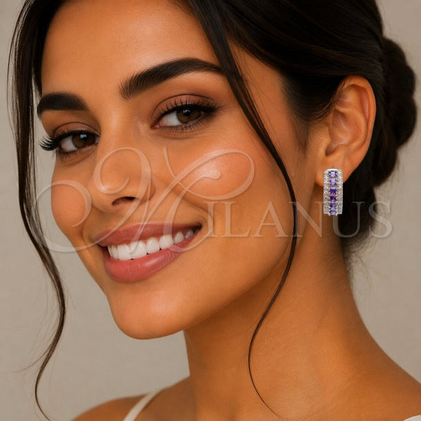 Rhodium Gold Filled Huggie Hoop, Cluster Design, with Amethyst and White Cubic Zirconia, Polished, Rhodium Finish, 02.267.0096.10.25
