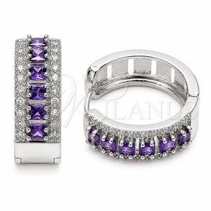 Rhodium Gold Filled Huggie Hoop, Cluster Design, with Amethyst and White Cubic Zirconia, Polished, Rhodium Finish, 02.267.0096.10.25