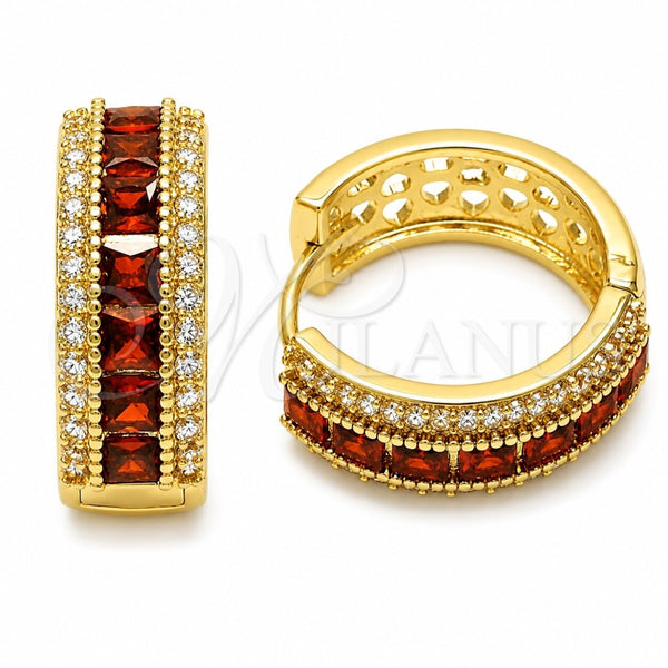 Oro Laminado Huggie Hoop, Gold Filled Style Cluster Design, with Garnet and White Cubic Zirconia, Polished, Golden Finish, 02.267.0097.1.20