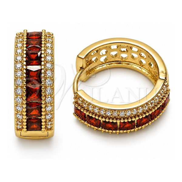 Oro Laminado Huggie Hoop, Gold Filled Style Cluster Design, with Garnet and White Cubic Zirconia, Polished, Golden Finish, 02.267.0097.1.20