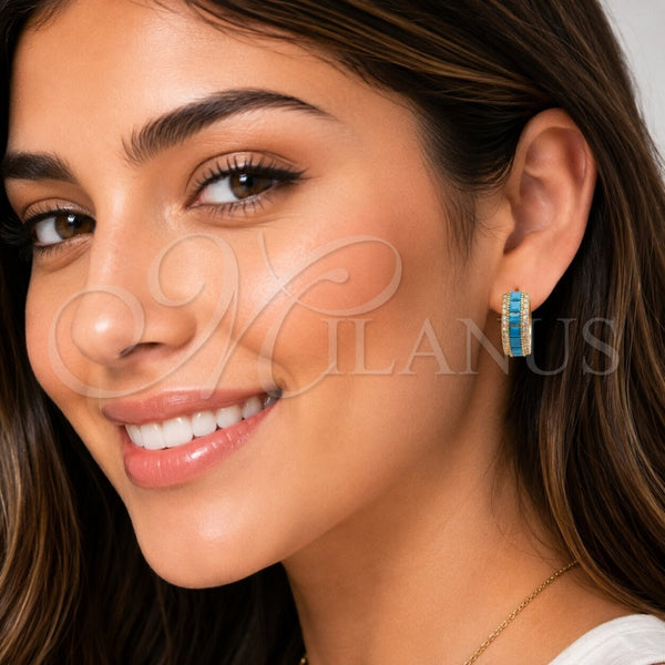 Oro Laminado Huggie Hoop, Gold Filled Style Cluster Design, with Turquoise Cubic Zirconia, Polished, Golden Finish, 02.267.0097.3.20