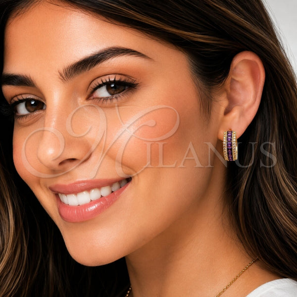 Oro Laminado Huggie Hoop, Gold Filled Style Cluster Design, with Amethyst and White Cubic Zirconia, Polished, Golden Finish, 02.267.0097.4.20