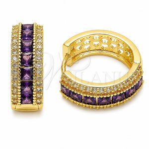Oro Laminado Huggie Hoop, Gold Filled Style Cluster Design, with Amethyst and White Cubic Zirconia, Polished, Golden Finish, 02.267.0097.4.20