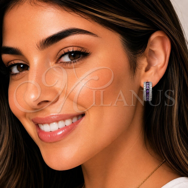 Rhodium Gold Filled Huggie Hoop, Cluster Design, with Amethyst and White Cubic Zirconia, Polished, Rhodium Finish, 02.267.0097.10.20
