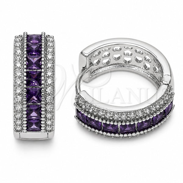 Rhodium Gold Filled Huggie Hoop, Cluster Design, with Amethyst and White Cubic Zirconia, Polished, Rhodium Finish, 02.267.0097.10.20