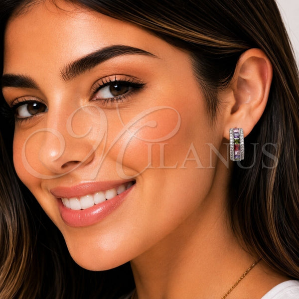 Rhodium Gold Filled Huggie Hoop, Cluster Design, with Multicolor and White Cubic Zirconia, Polished, Rhodium Finish, 02.267.0097.11.20