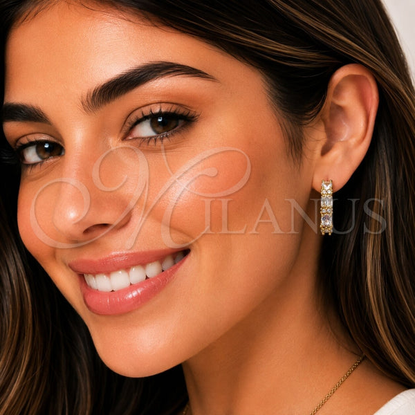 Oro Laminado Huggie Hoop, Gold Filled Style Baguette Design, with White Cubic Zirconia, Polished, Golden Finish, 02.267.0098.22