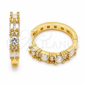 Oro Laminado Huggie Hoop, Gold Filled Style Baguette Design, with White Cubic Zirconia, Polished, Golden Finish, 02.267.0098.22