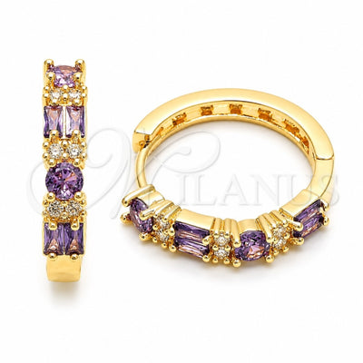 Oro Laminado Huggie Hoop, Gold Filled Style Baguette Design, with Amethyst and White Cubic Zirconia, Polished for wholesale, main product view