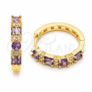 Oro Laminado Huggie Hoop, Gold Filled Style Baguette Design, with Amethyst and White Cubic Zirconia, Polished, Golden Finish, 02.267.0098.3.22