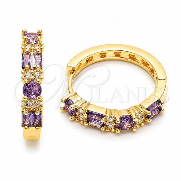 Oro Laminado Huggie Hoop, Gold Filled Style Baguette Design, with Amethyst and White Cubic Zirconia, Polished, Golden Finish, 02.267.0098.3.22