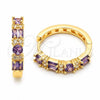 Oro Laminado Huggie Hoop, Gold Filled Style Baguette Design, with Amethyst and White Cubic Zirconia, Polished, Golden Finish, 02.267.0098.3.22