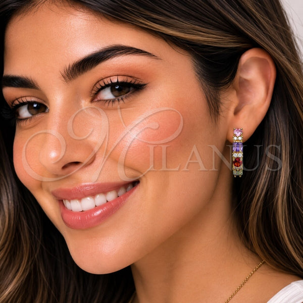 Oro Laminado Huggie Hoop, Gold Filled Style Baguette Design, with Multicolor and White Cubic Zirconia, Polished, Golden Finish, 02.267.0098.4.22