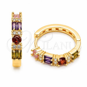 Oro Laminado Huggie Hoop, Gold Filled Style Baguette Design, with Multicolor and White Cubic Zirconia, Polished, Golden Finish, 02.267.0098.4.22