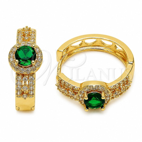 Oro Laminado Huggie Hoop, Gold Filled Style Cluster Design, with Green Cubic Zirconia and White Micro Pave, Polished, Golden Finish, 02.267.0099.2.25