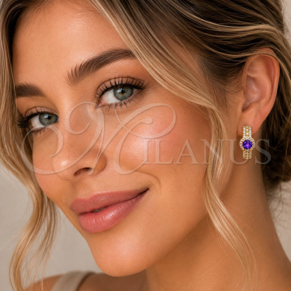 Oro Laminado Huggie Hoop, Gold Filled Style Cluster Design, with Amethyst Cubic Zirconia and White Micro Pave, Polished, Golden Finish, 02.267.0099.3.25