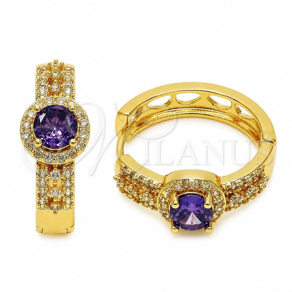 Oro Laminado Huggie Hoop, Gold Filled Style Cluster Design, with Amethyst Cubic Zirconia and White Micro Pave, Polished, Golden Finish, 02.267.0099.3.25