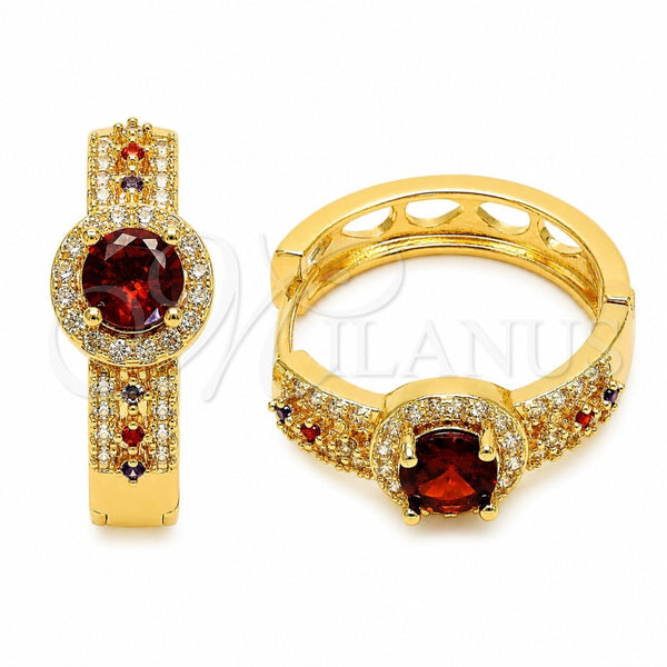 Oro Laminado Huggie Hoop, Gold Filled Style Cluster Design, with Garnet Cubic Zirconia and White Micro Pave, Polished, Golden Finish, 02.267.0099.4.25