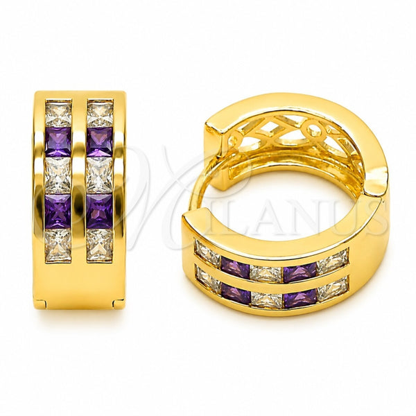 Oro Laminado Huggie Hoop, Gold Filled Style with Amethyst and White Cubic Zirconia, Polished, Golden Finish, 02.267.0100.3.16