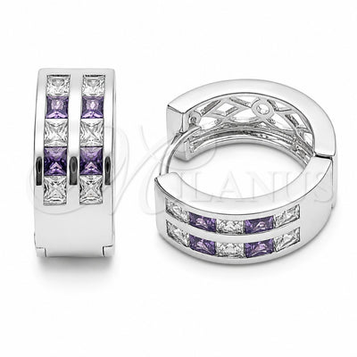 Rhodium Gold Filled Huggie Hoop, with Amethyst and White Cubic Zirconia, Polished, Rhodium Finish, 02.267.0100.8.16