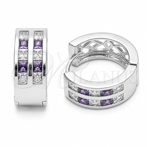 Rhodium Gold Filled Huggie Hoop, with Amethyst and White Cubic Zirconia, Polished, Rhodium Finish, 02.267.0100.8.16