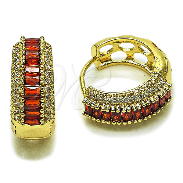 Oro Laminado Huggie Hoop, Gold Filled Style Baguette and Cluster Design, with Garnet and White Cubic Zirconia, Polished, Golden Finish, 02.267.0101.1.22