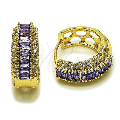 Oro Laminado Huggie Hoop, Gold Filled Style Baguette and Cluster Design, with Amethyst and White Cubic for wholesale, main product view