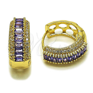 Oro Laminado Huggie Hoop, Gold Filled Style Baguette and Cluster Design, with Amethyst and White Cubic Zirconia, Polished, Golden Finish, 02.267.0101.3.22