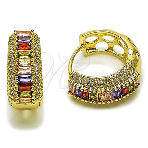 Oro Laminado Huggie Hoop, Gold Filled Style Baguette and Cluster Design, with Multicolor and White Cubic Zirconia, Polished, Golden Finish, 02.267.0101.4.22