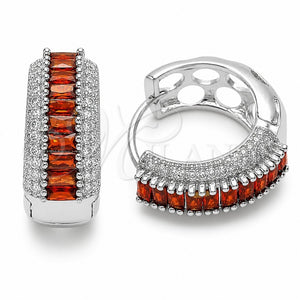 Rhodium Gold Filled Huggie Hoop, Cluster and Baguette Design, with Garnet and White Cubic Zirconia, Polished, Rhodium Finish, 02.267.0101.6.22