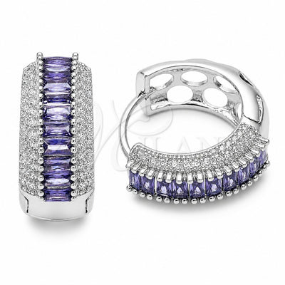Rhodium Gold Filled Huggie Hoop, Baguette and Cluster Design, with Amethyst and White Cubic Zirconia, Polished, Rhodium Finish, 02.267.0101.8.22