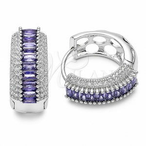 Rhodium Gold Filled Huggie Hoop, Baguette and Cluster Design, with Amethyst and White Cubic Zirconia, Polished, Rhodium Finish, 02.267.0101.8.22