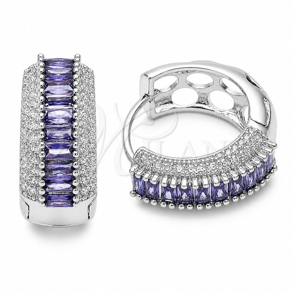 Rhodium Gold Filled Huggie Hoop, Baguette and Cluster Design, with Amethyst and White Cubic Zirconia, Polished, Rhodium Finish, 02.267.0101.8.22