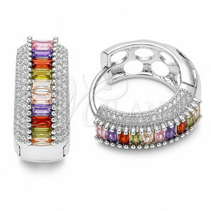 Rhodium Gold Filled Huggie Hoop, Baguette and Cluster Design, with Multicolor and White Cubic Zirconia, Polished, Rhodium Finish, 02.267.0101.9.22