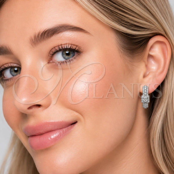 Rhodium Gold Filled Huggie Hoop, Cluster Design, with White Cubic Zirconia and White Micro Pave, Polished, Rhodium Finish, 02.267.0103.1.22