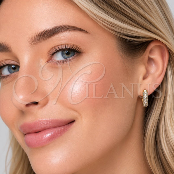 Oro Laminado Huggie Hoop, Gold Filled Style with White Micro Pave, Polished, Golden Finish, 02.267.0106.18
