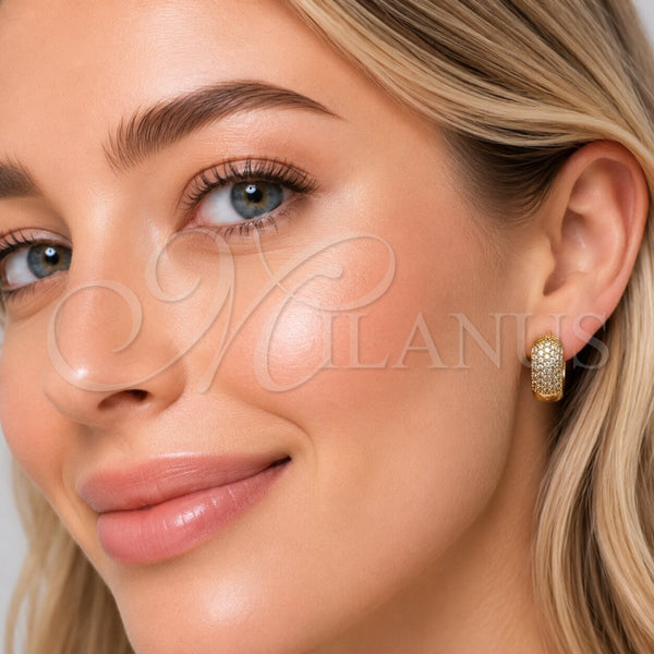 Oro Laminado Huggie Hoop, Gold Filled Style with White Micro Pave, Polished, Golden Finish, 02.267.0108.16