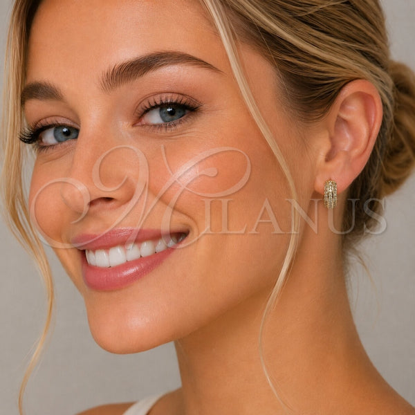 Oro Laminado Huggie Hoop, Gold Filled Style with White Micro Pave, Polished, Golden Finish, 02.267.0113.14