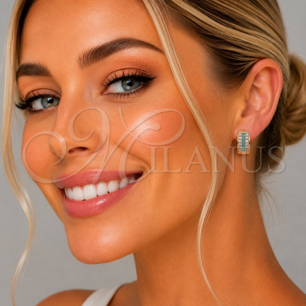 Oro Laminado Huggie Hoop, Gold Filled Style with Turquoise and White Micro Pave, Polished, Golden Finish, 02.267.0119.5.15