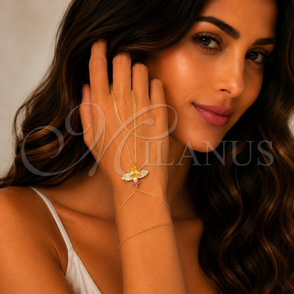 Oro Laminado Fancy Bracelet, Gold Filled Style Bee and Rolo Design, with Golden Cubic Zirconia and White Micro Pave, Polished, Golden Finish, 03.60.0160.13 (01 MM Thickness, 13 Inches Length)