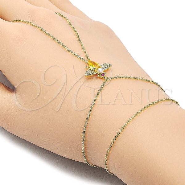Oro Laminado Fancy Bracelet, Gold Filled Style Bee and Rolo Design, with Golden Cubic Zirconia and White Micro Pave, Polished, Golden Finish, 03.60.0160.13 (01 MM Thickness, 13 Inches Length)