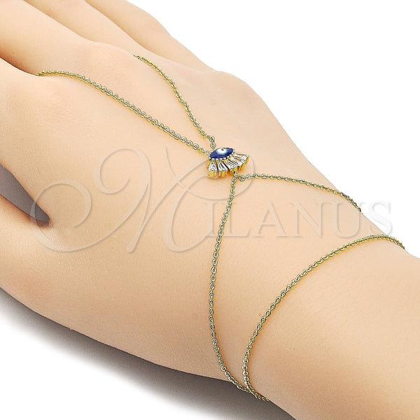 Oro Laminado Fancy Bracelet, Gold Filled Style Evil Eye and Baguette Design, with White Cubic Zirconia, Blue Enamel Finish, Golden Finish, 03.60.0164.13 (01 MM Thickness, 13 Inches Length)